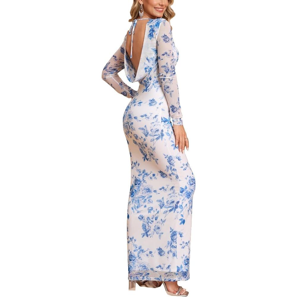 Womens Sheer Mesh Open Back Blue Floral Maxi Cottagecore Wedding Guest Dress MED - Picture 2 of 5